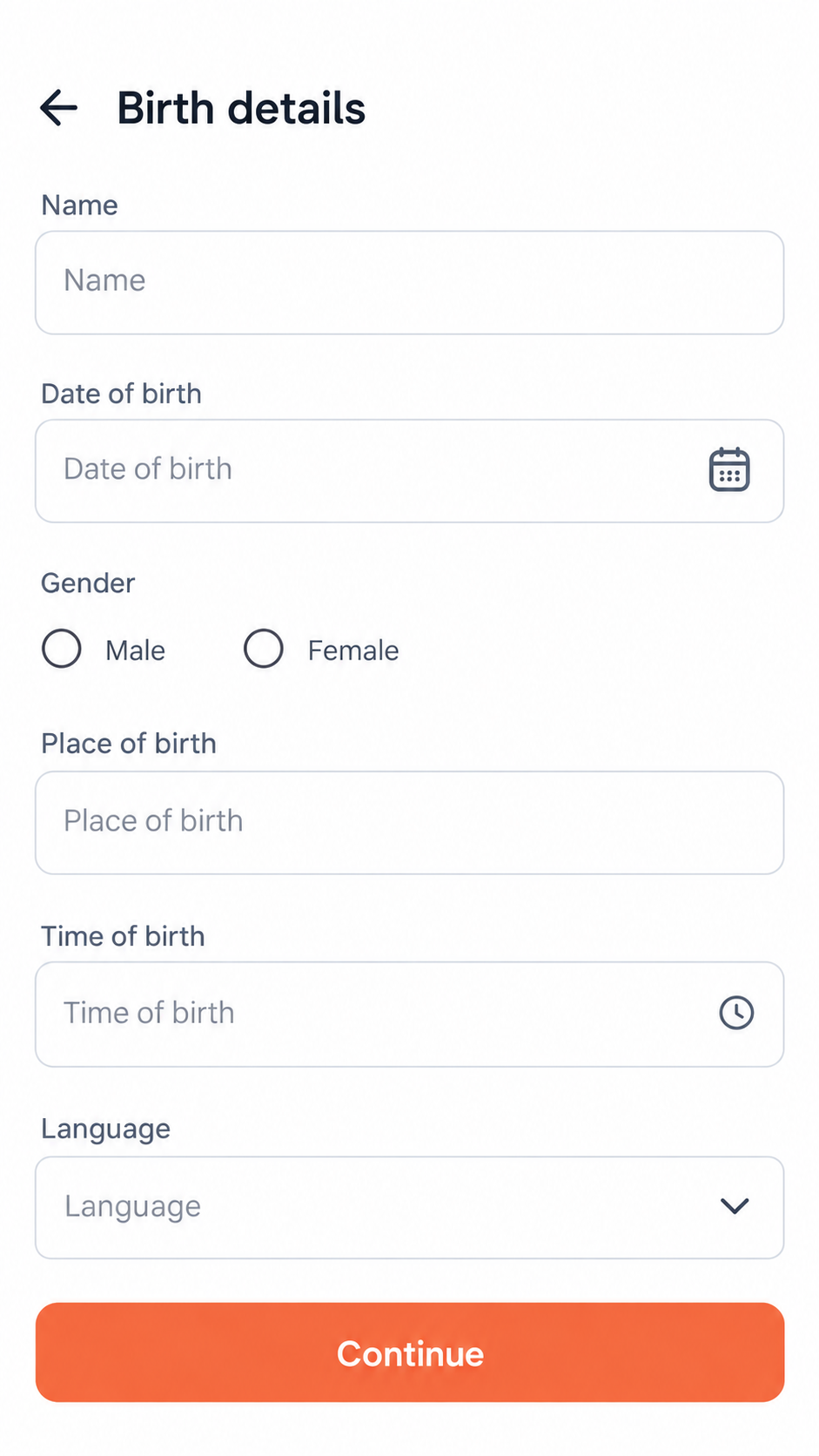 AstroSaathi birth details screen reference mockup